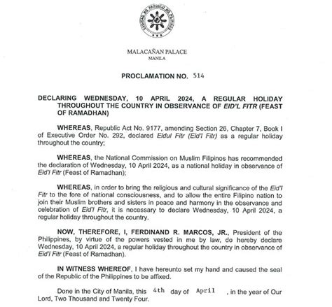 april 08 2024 holiday philippines|Proclamation No. 514: Declaring Wednesday, 10 April 2024, a .